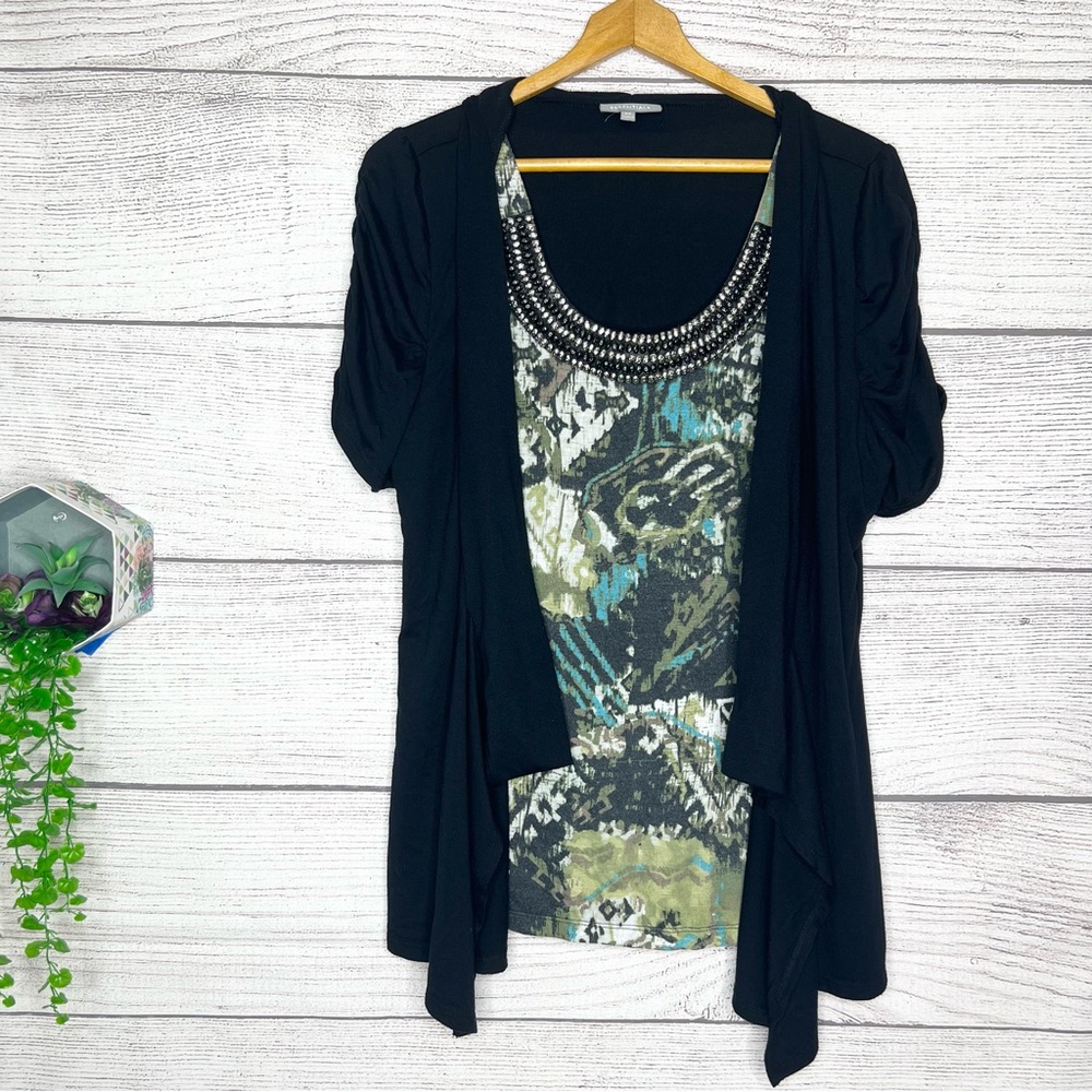 Essentials Black Short Sleeve Cardigan Sweater with Beaded Neckline Top Size 0X